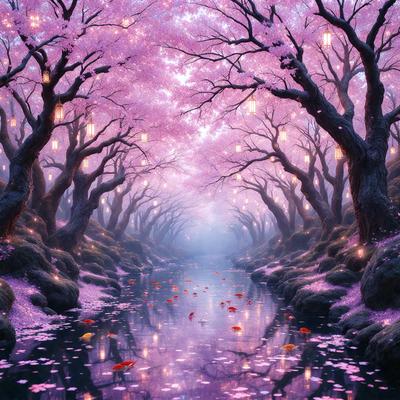 The primary subject of the image is a beautiful, pink cherry blossom tree with purple flowers. The tree is surrounded by a serene, pink-lit forest, creating a magical and enchanting atmosphere. The visual style of the image is a digital art or illustration, with the cherry blossom tree and the forest being the main focus of the scene. The colors and mood of the image are predominantly pink and purple, evoking a sense of tranquility and wonder.